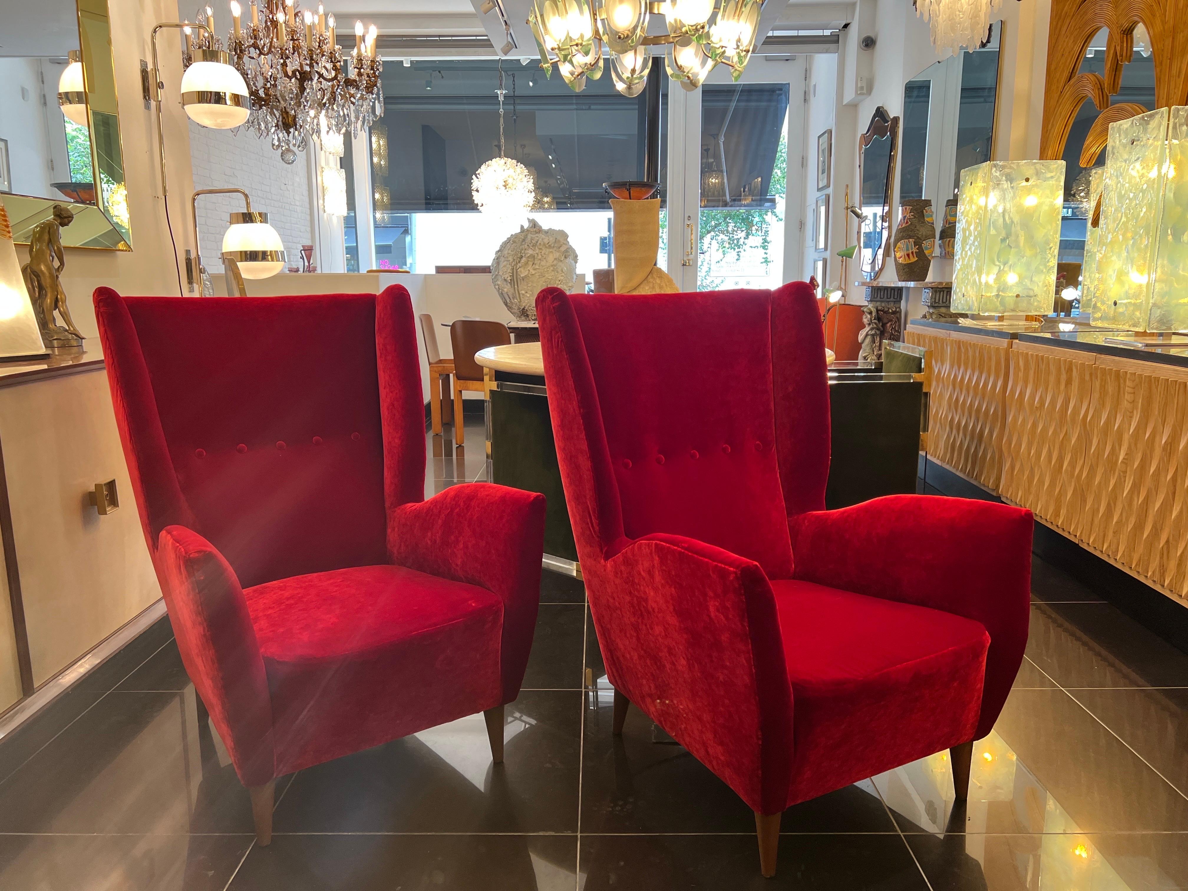 Italian Pair Gio Ponti wingback armchairs in Venetian red velvet  For Sale