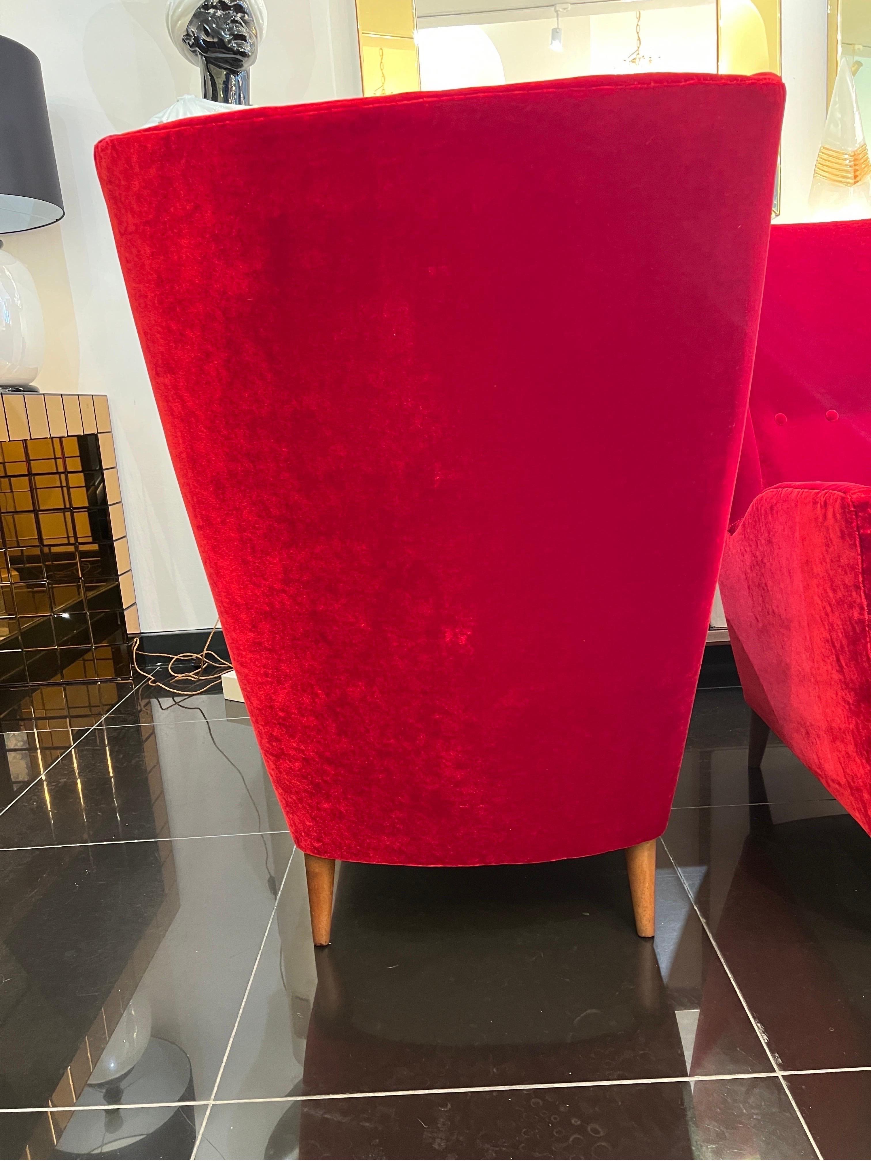 Mid-20th Century Pair Gio Ponti wingback armchairs in Venetian red velvet  For Sale