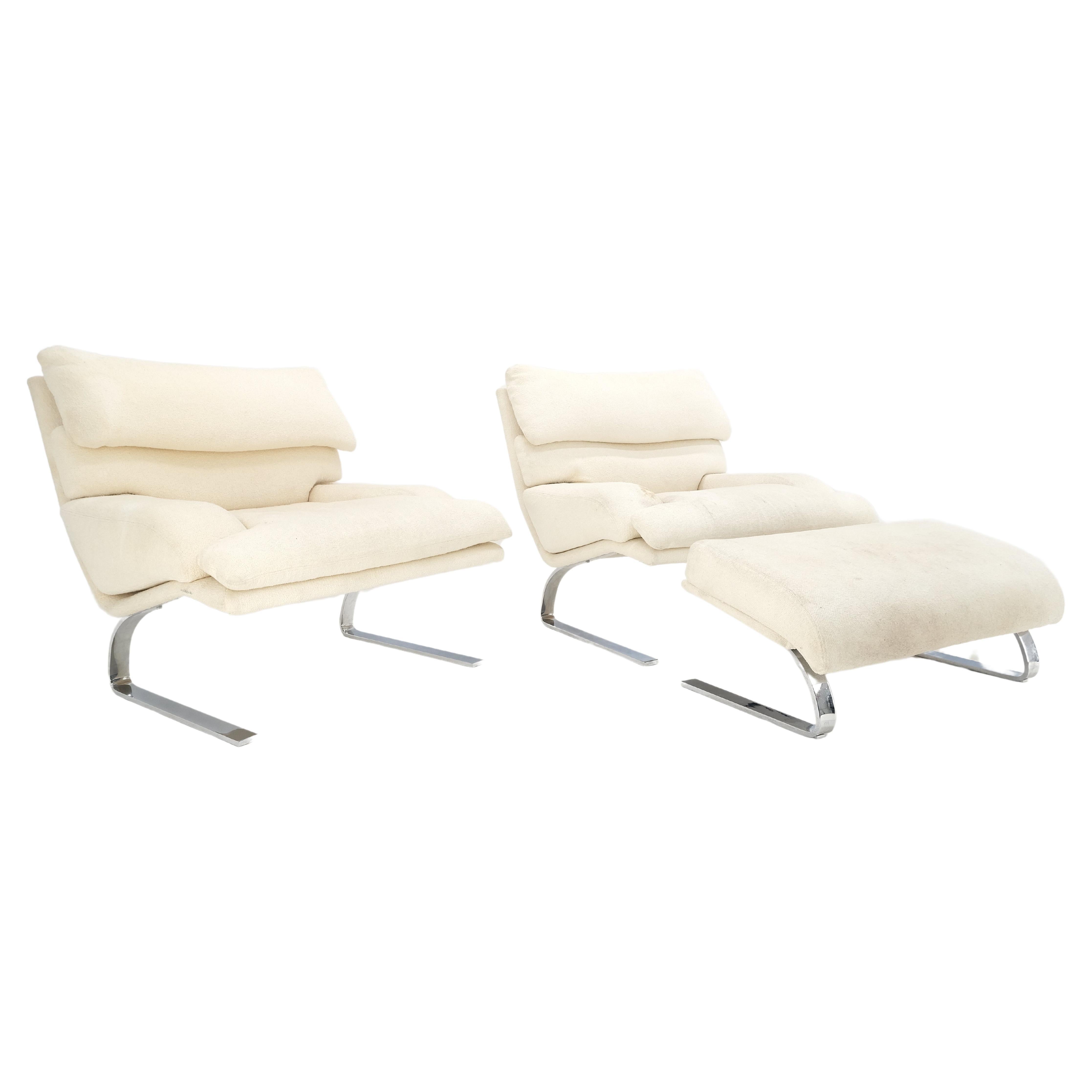 Pair Giovanni Offerdi Chrome Bases Matching Ottoman Lounge Chair AS IS upholster