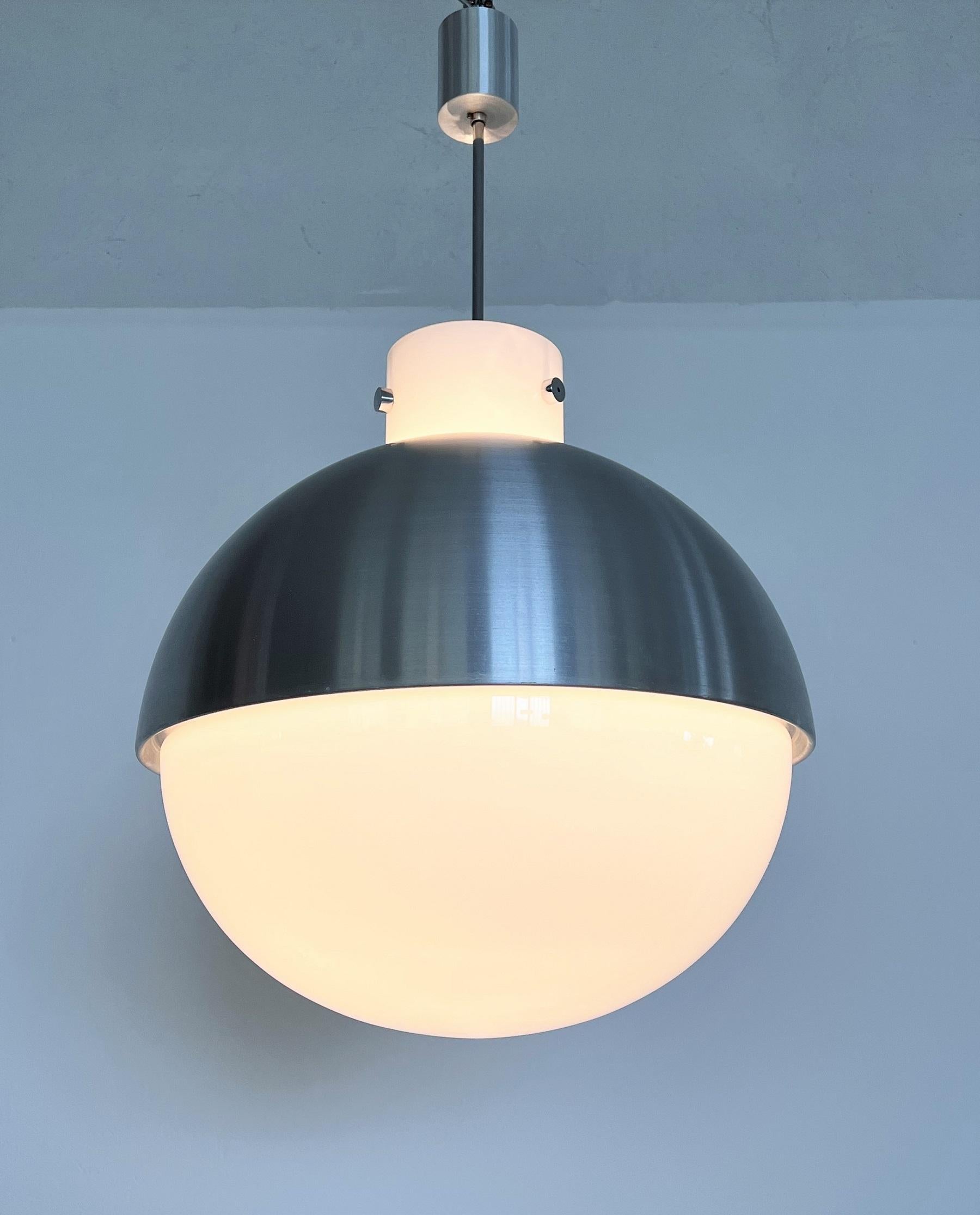 Glashütte Limburg Giant Aluminium and White Glass Globe Chandelier Pair, 1970s For Sale 3