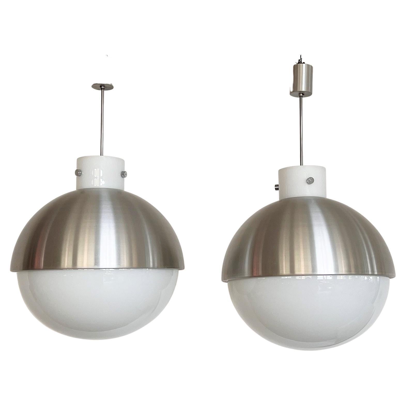 German Glashütte Limburg Giant Aluminium and White Glass Globe Chandelier Pair, 1970s For Sale