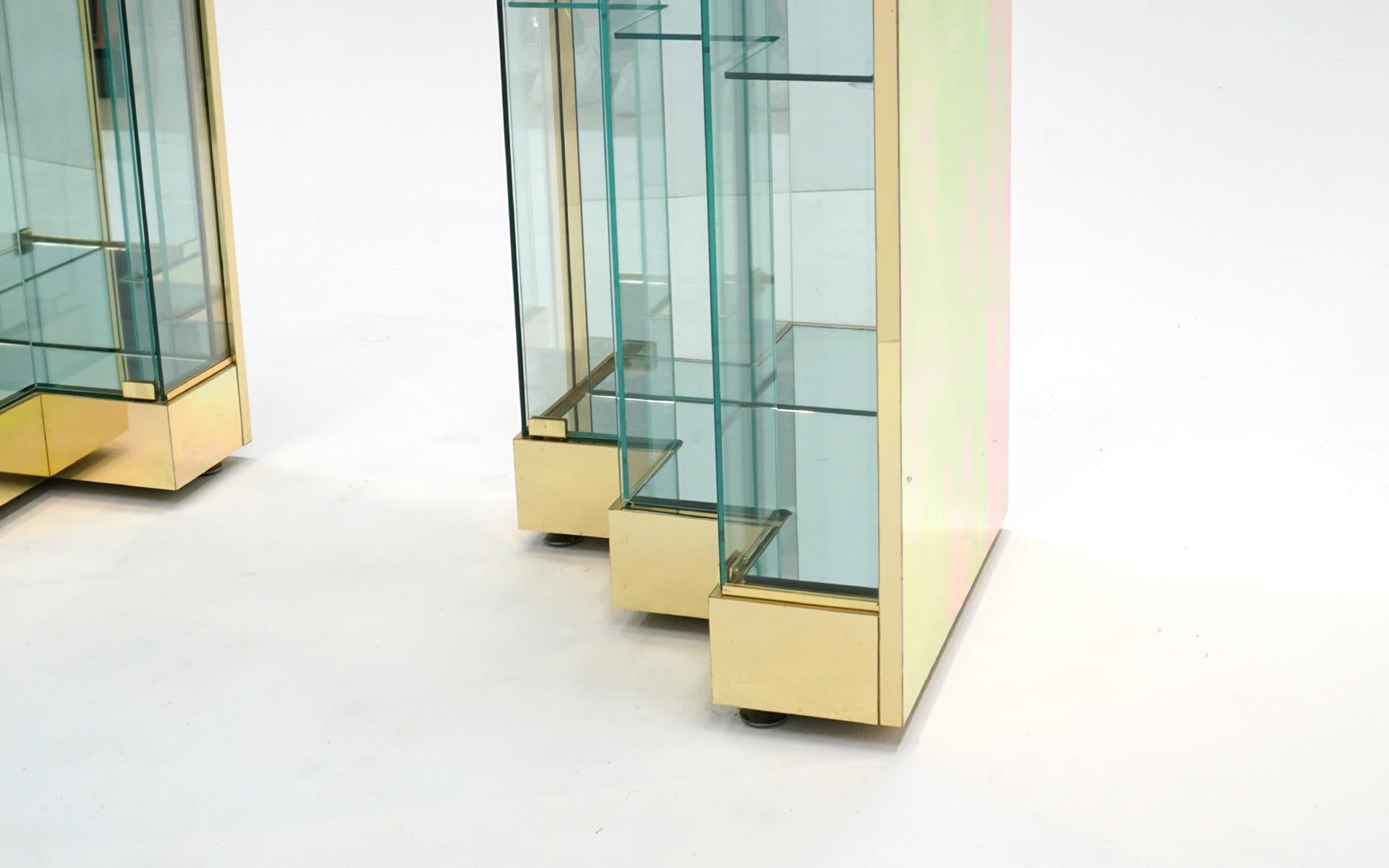Late 20th Century Pair Glass and Brass Display Cabinets. Corner or Freestanding w/ Stairstep doors