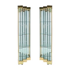 Pair Glass and Brass Display Cabinets. Corner or Freestanding w/ Stairstep doors