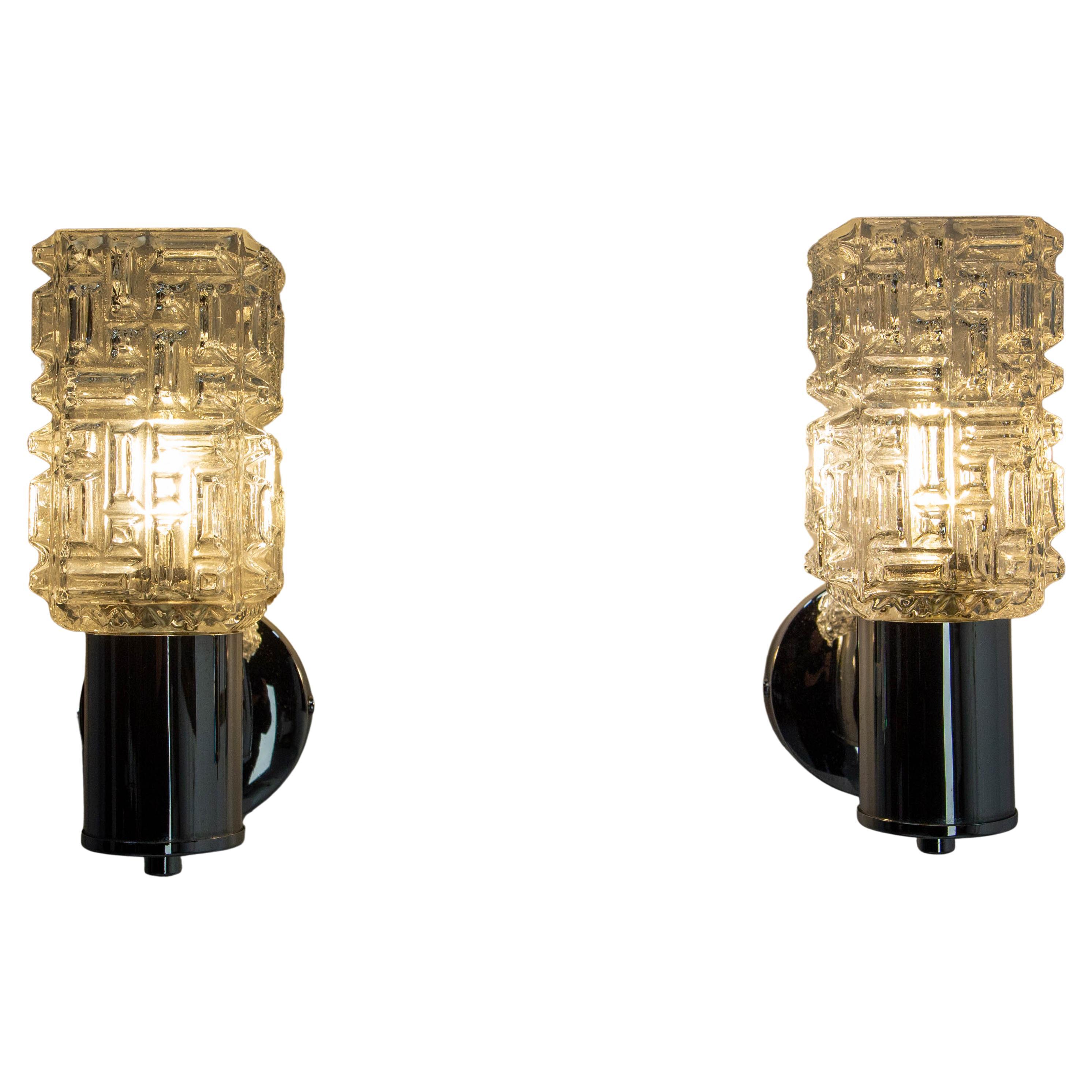 Mid-Century Modern Pair Glass & Chrome Sconces Wall Lights French, 1960 For Sale