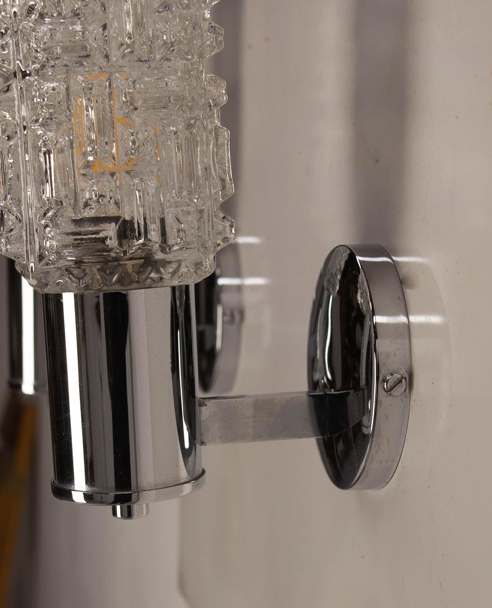 20th Century Pair Glass & Chrome Sconces Wall Lights French, 1960 For Sale
