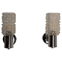 Pair Glass & Chrome Sconces Wall Lights French, 1960