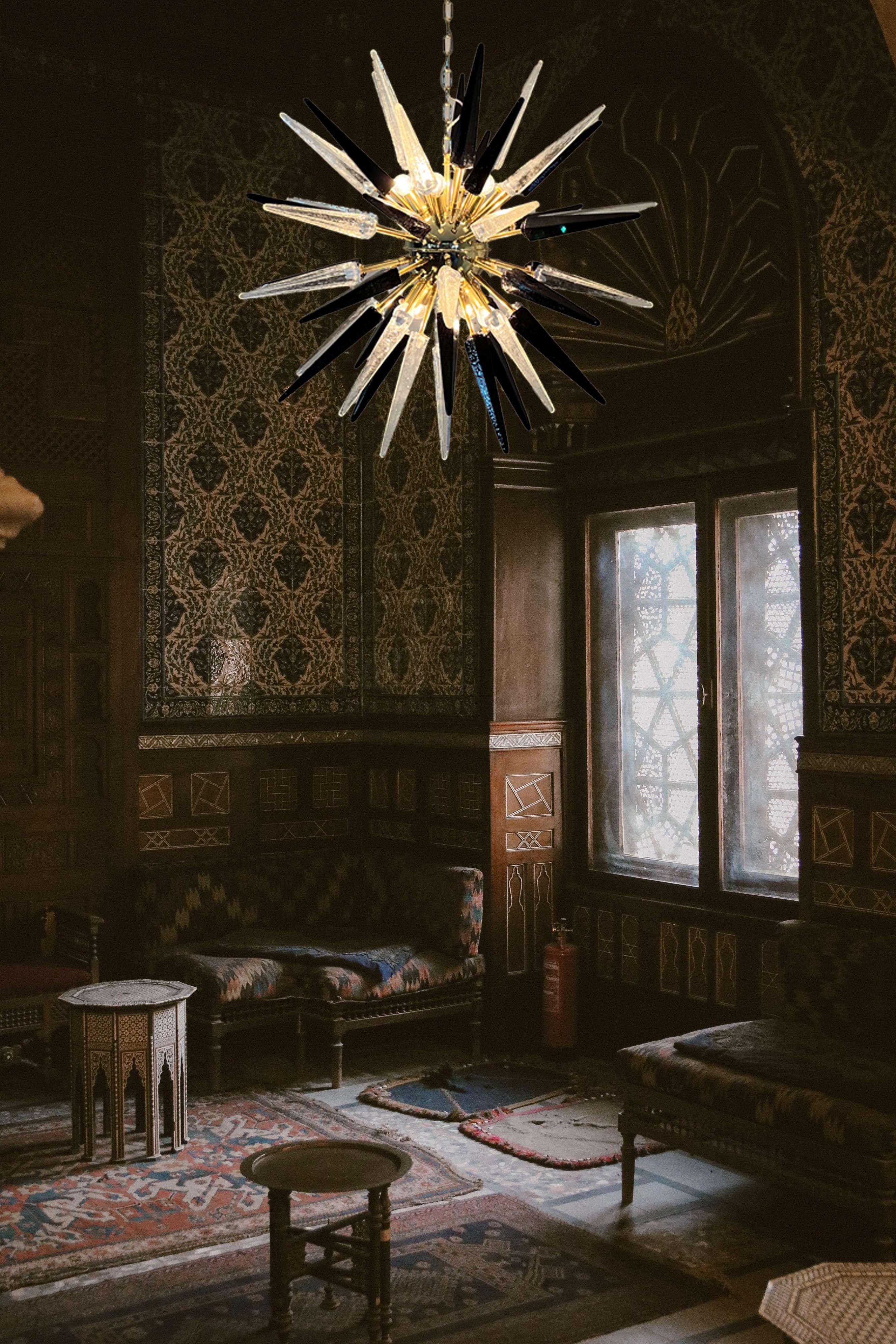 Pair Glass Sputnik Chandeliers Murano (Metall) im Angebot