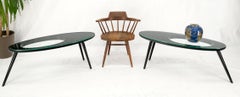 Pair Glass Top Black Lacquer Oval Pierced Shape Solid Tops End Side Tables Stand