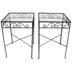 Pair of Glass Top Wrought Iron Patio Garden Tables Attributed to Salterini