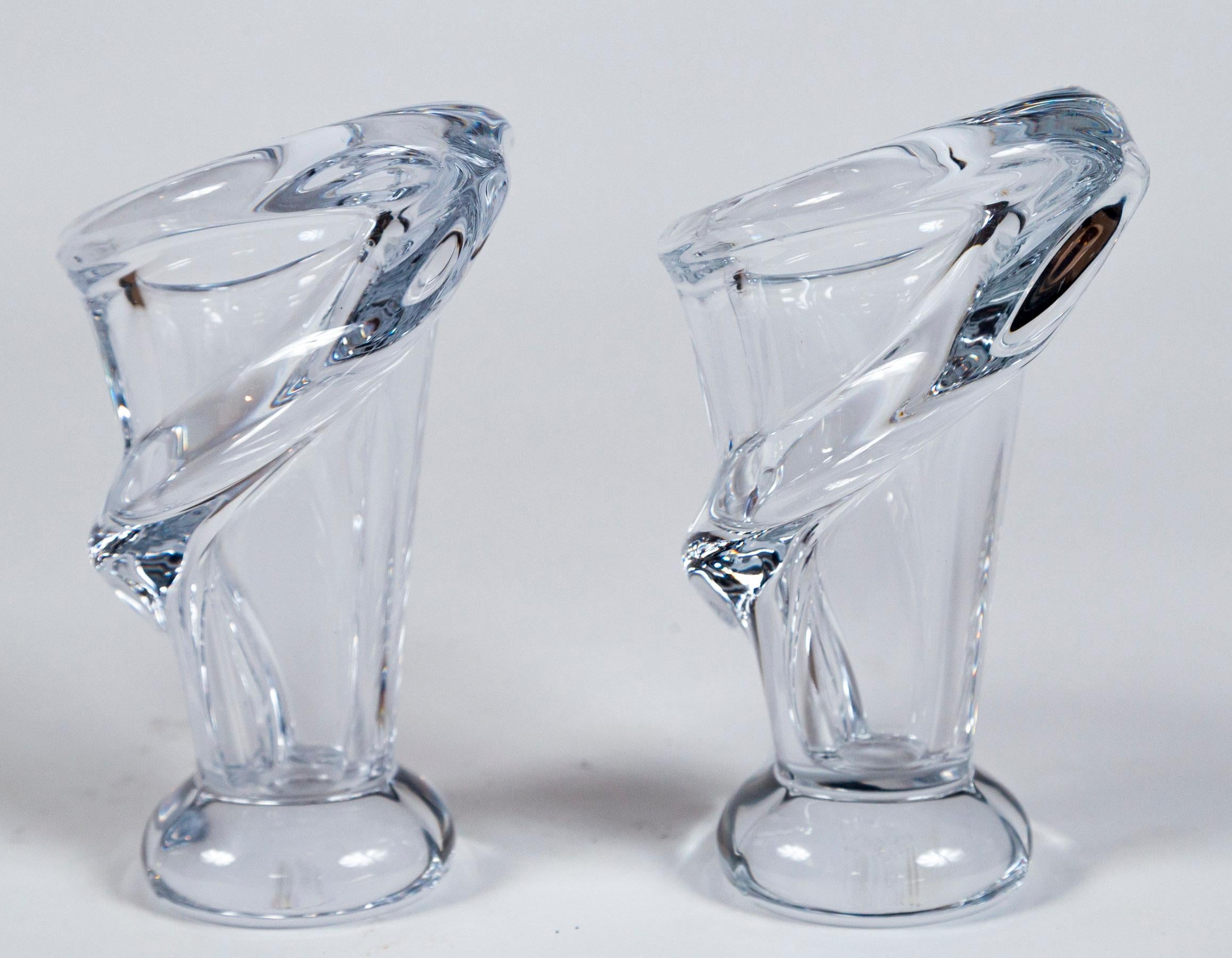 Pair glass vases, Art Vannes, France, 1950's. Heavy lead crystal vases are designed in the shape of a Calla Lily.