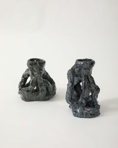 Pair of Brutalist Glazed Ceramic Candle Holders, France, 20th C