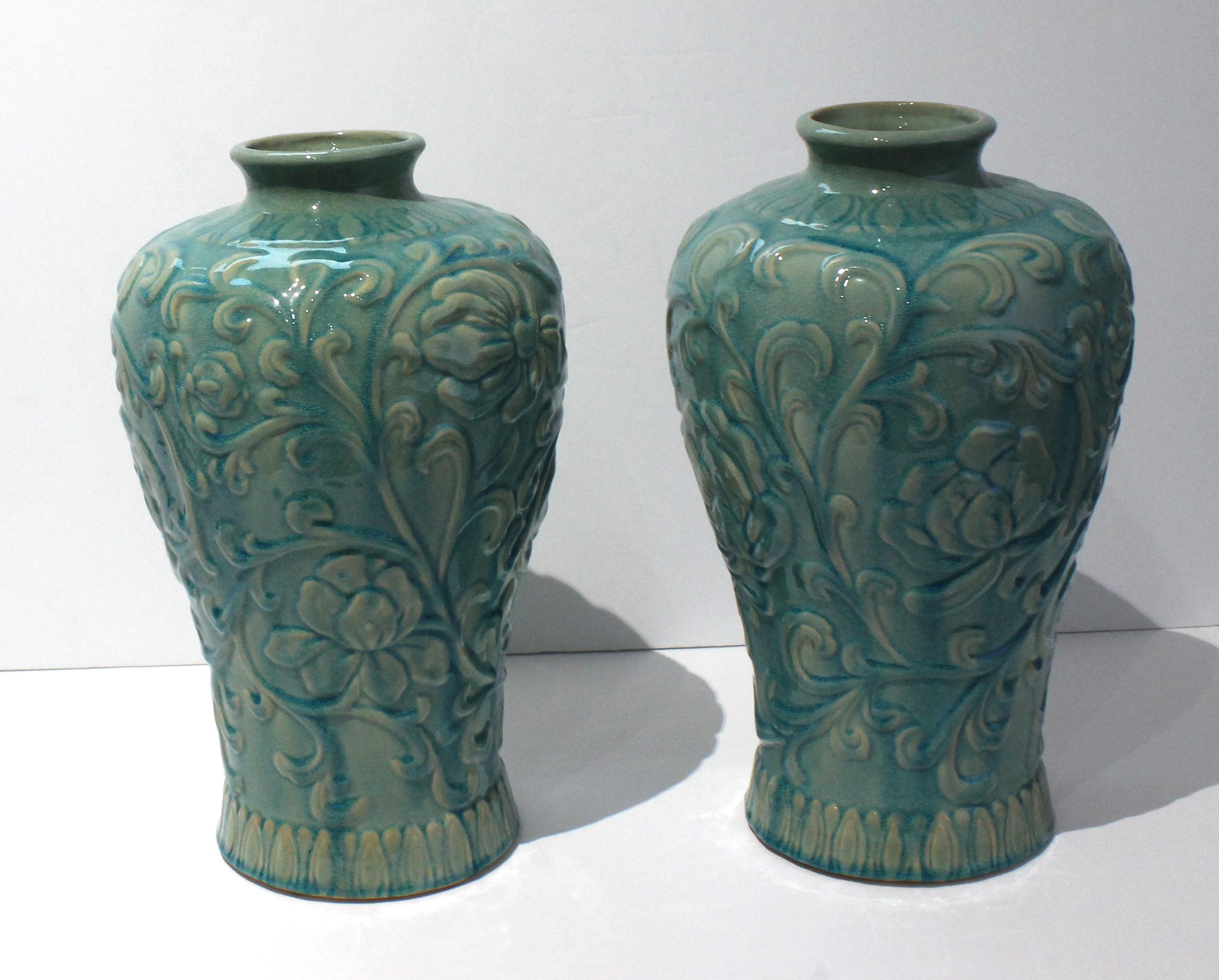 Thai Pair Glazed Floral Motif Urns