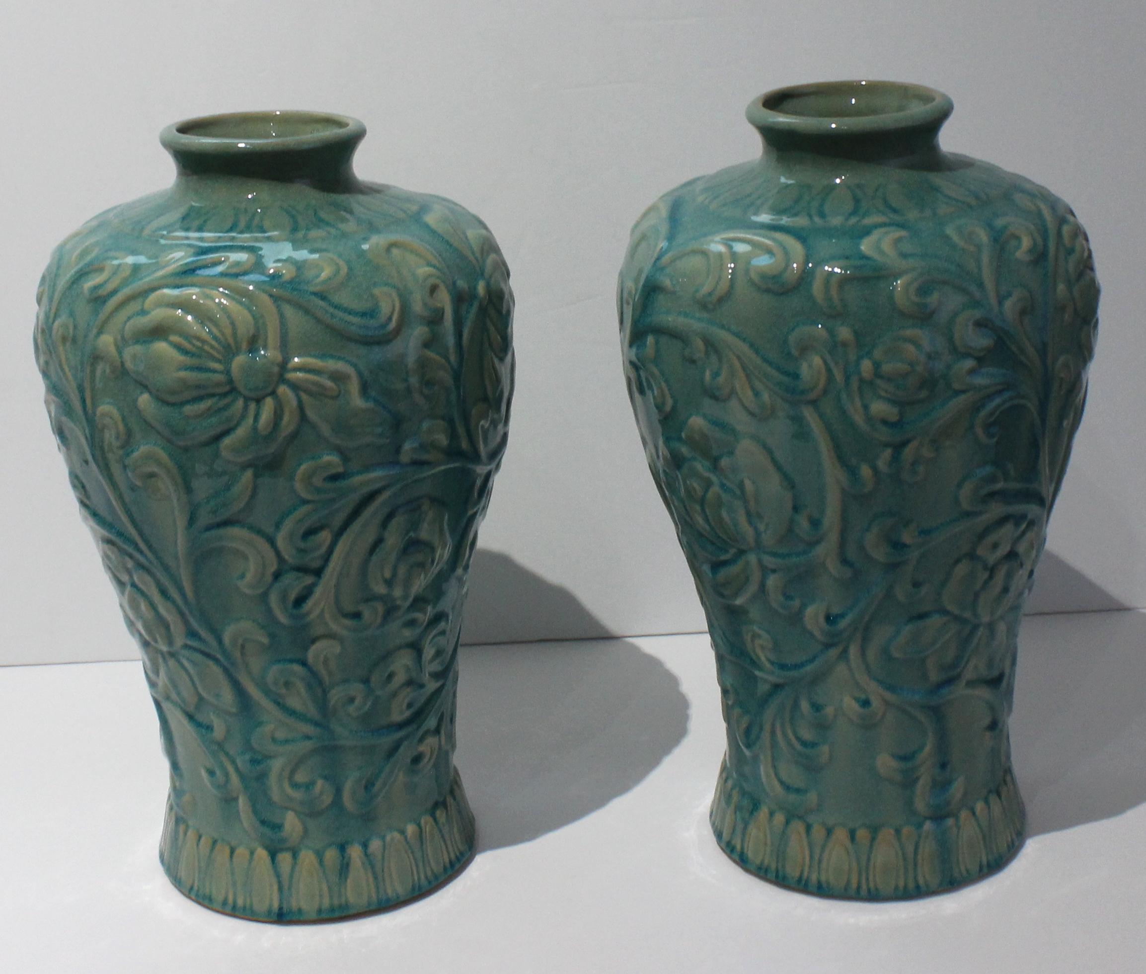 Hand-Crafted Pair Glazed Floral Motif Urns