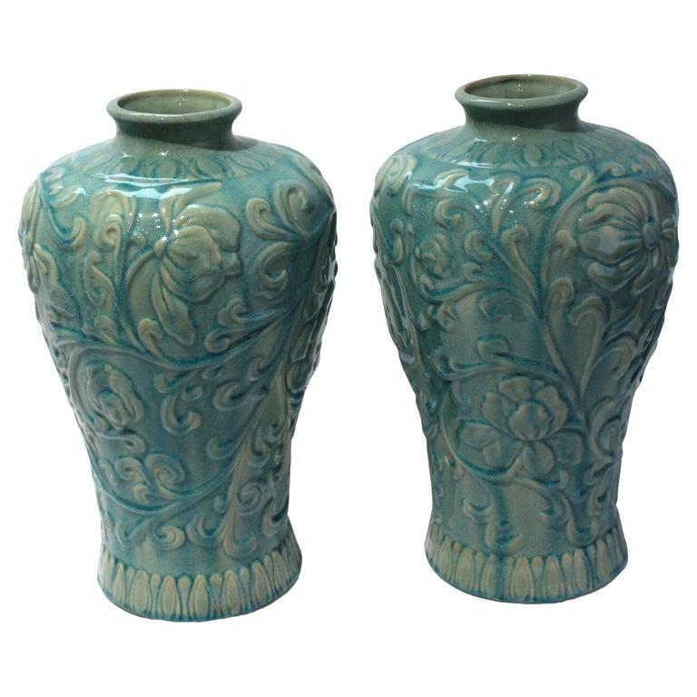 20th Century Pair Glazed Floral Motif Urns