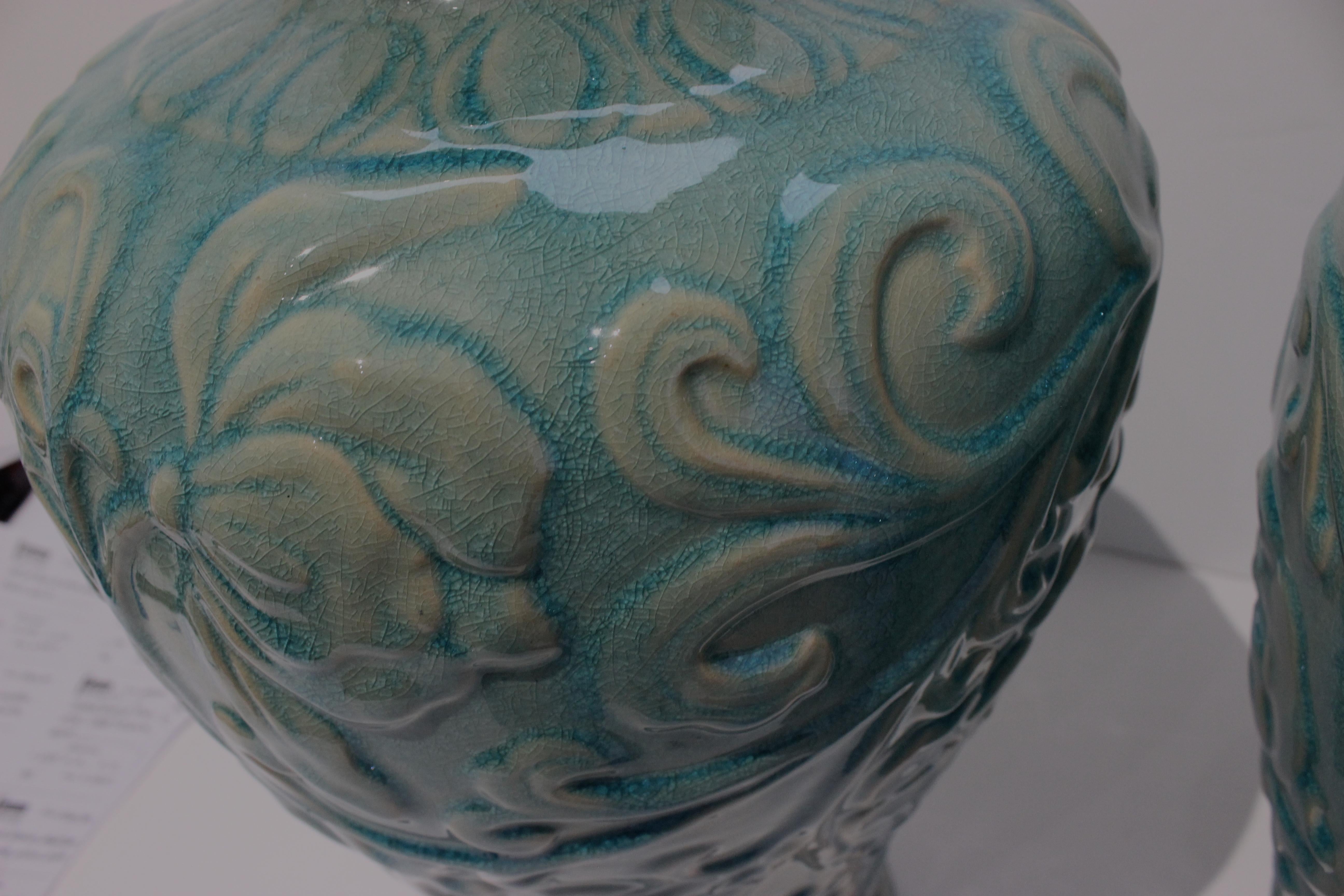 Pottery Pair Glazed Floral Motif Urns