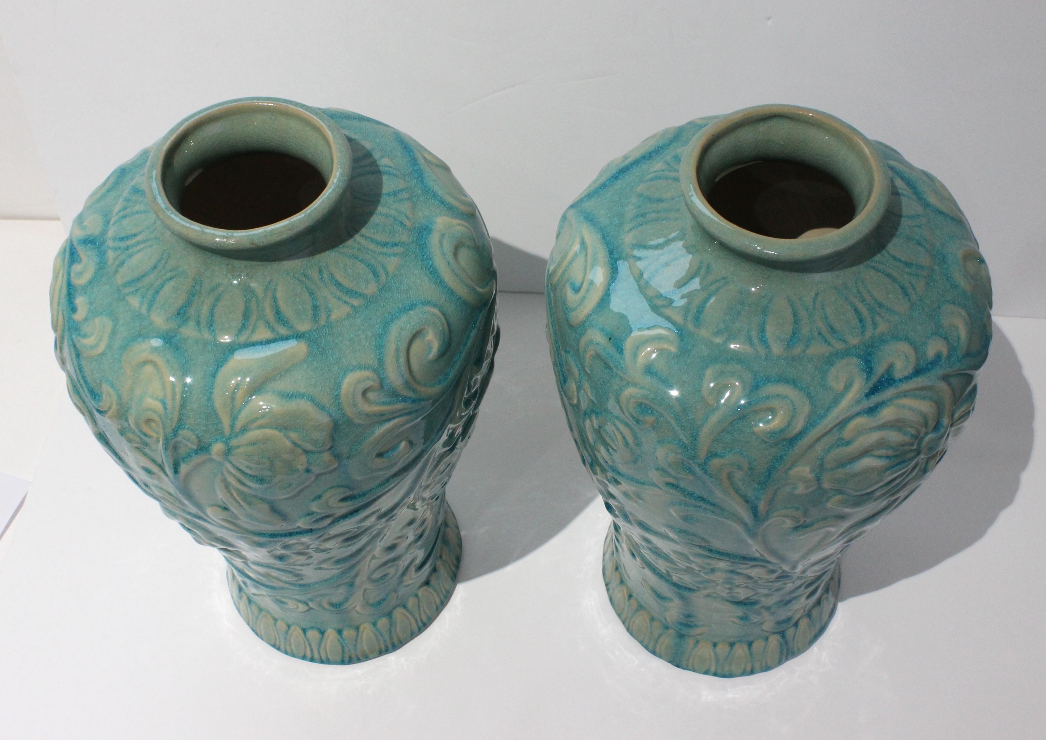 Pair Glazed Floral Motif Urns 1