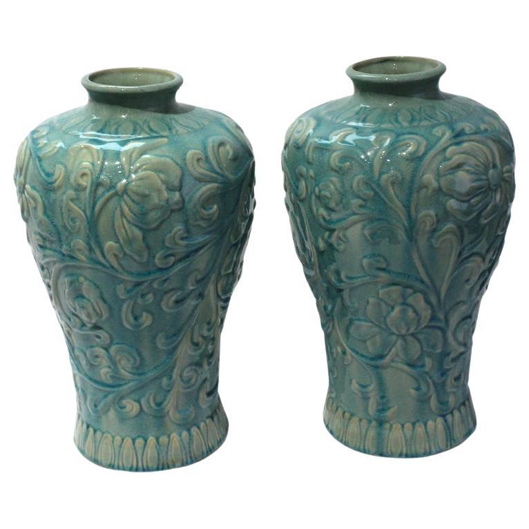 Pair Glazed Floral Motif Urns