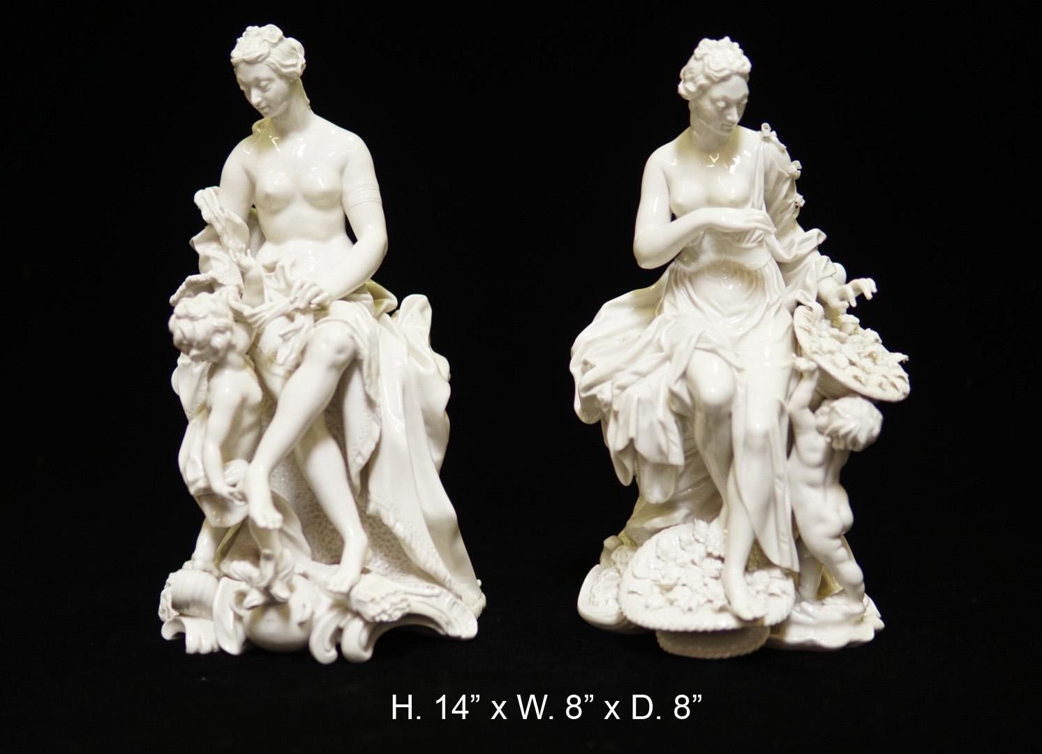Charming pair of German glazed white porcelain figure groups
Each depicting seated maiden dressed in classical robes with putti. meticulous attention has been given to every details 
Measures: H. 14