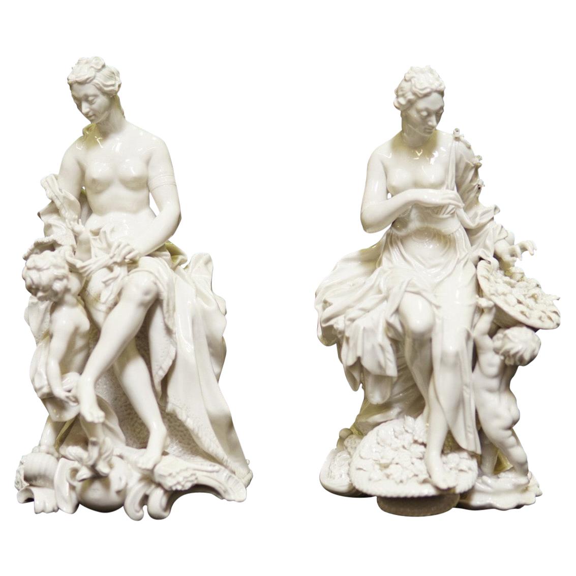 Pair Glazed White Porcelain Figure Group Sculpture