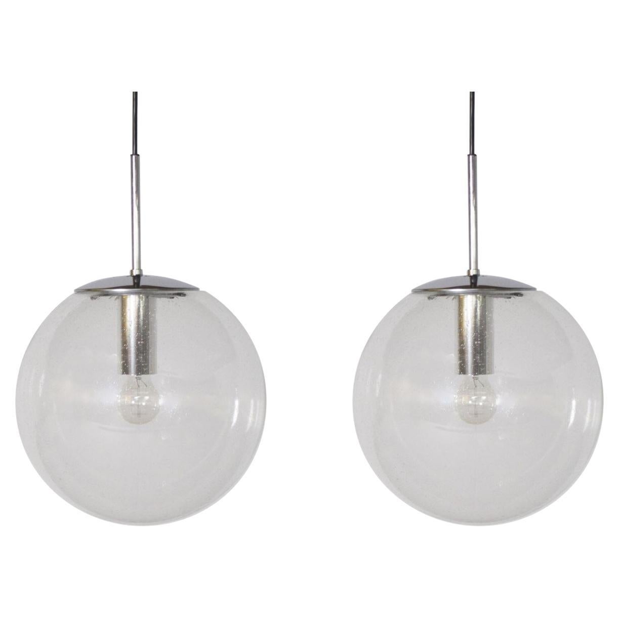 Pair Globe handblown Bubble Ceiling Pendant lamp Glashütte Limburg Germany 1960s