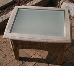 Pair Gloster Weathered Teak and Outdoor Wicker Garden Tables /Indoor Side Tables