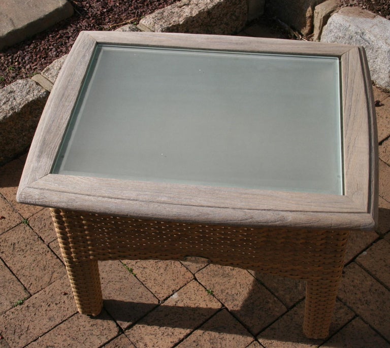 Pair Gloster Weathered Teak and Outdoor Wicker Garden Tables /Indoor