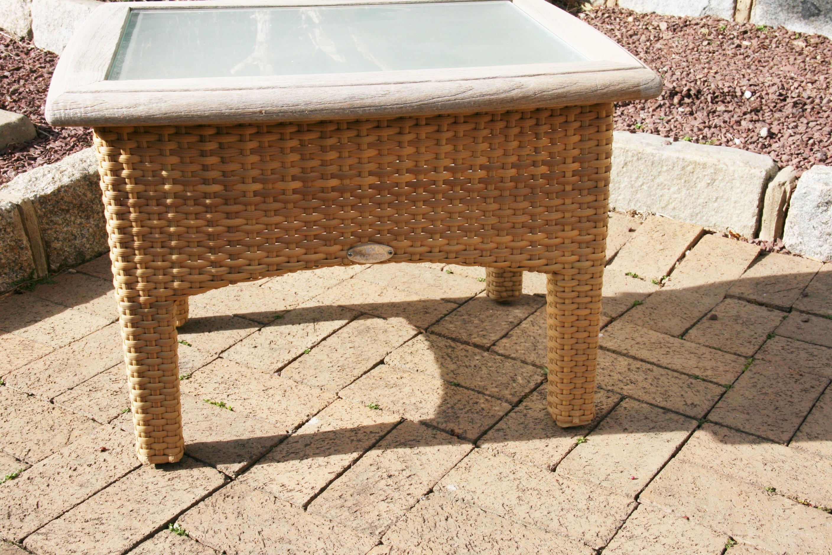 Late 20th Century Pair Gloster Weathered Teak and Outdoor Wicker Garden Tables /Indoor Side Tables For Sale