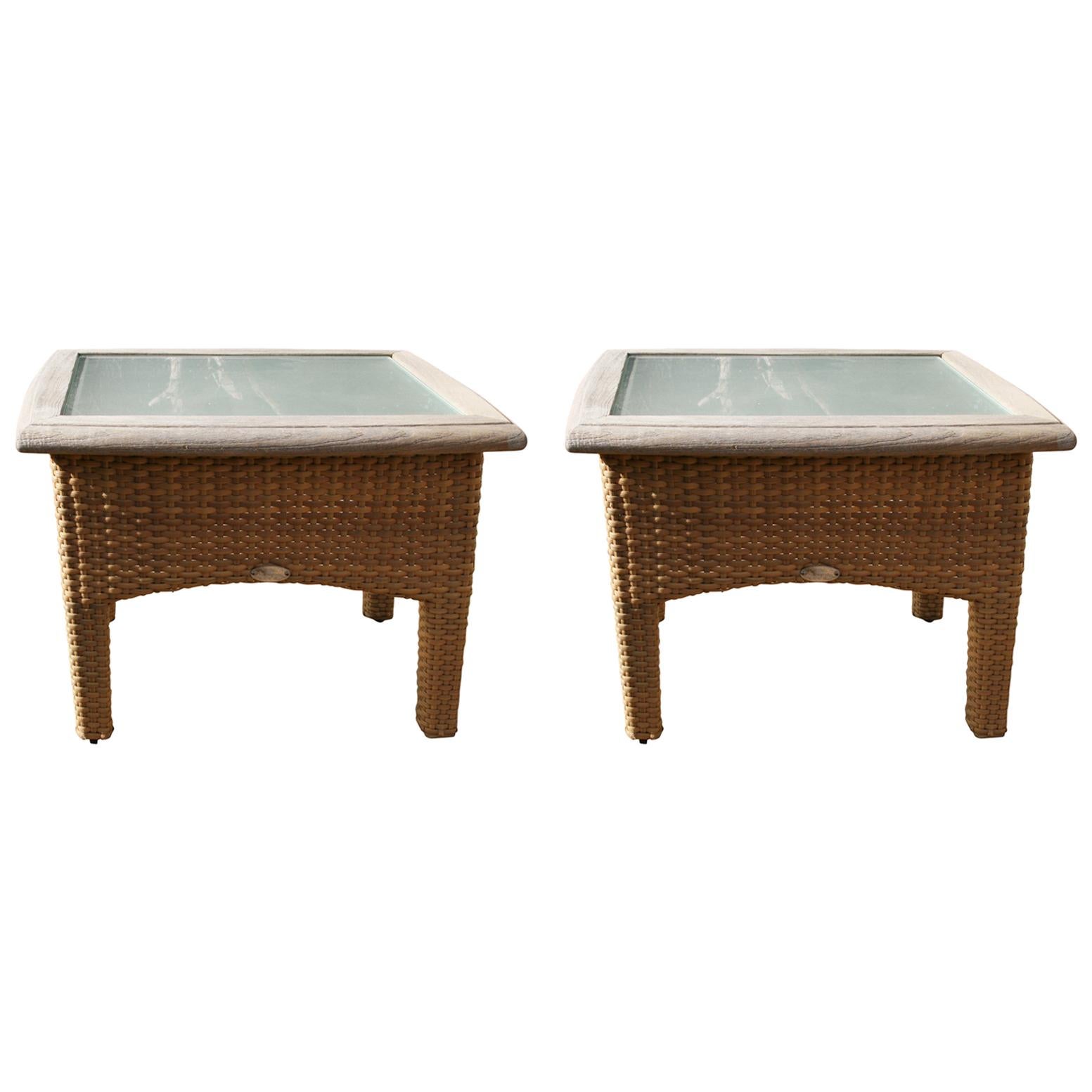 Pair Gloster Weathered Teak and Outdoor Wicker Garden Tables /Indoor Side Tables For Sale