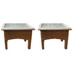 Vintage Pair Gloster Weathered Teak and Outdoor Wicker Garden Tables /Indoor Side Tables