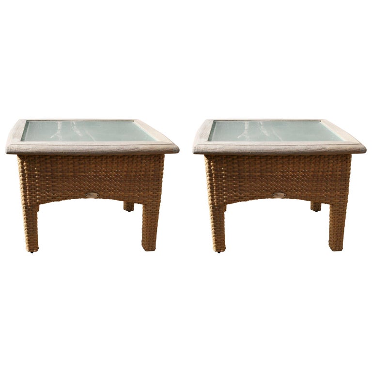 Pair Gloster Weathered Teak and Outdoor Wicker Garden Tables /Indoor