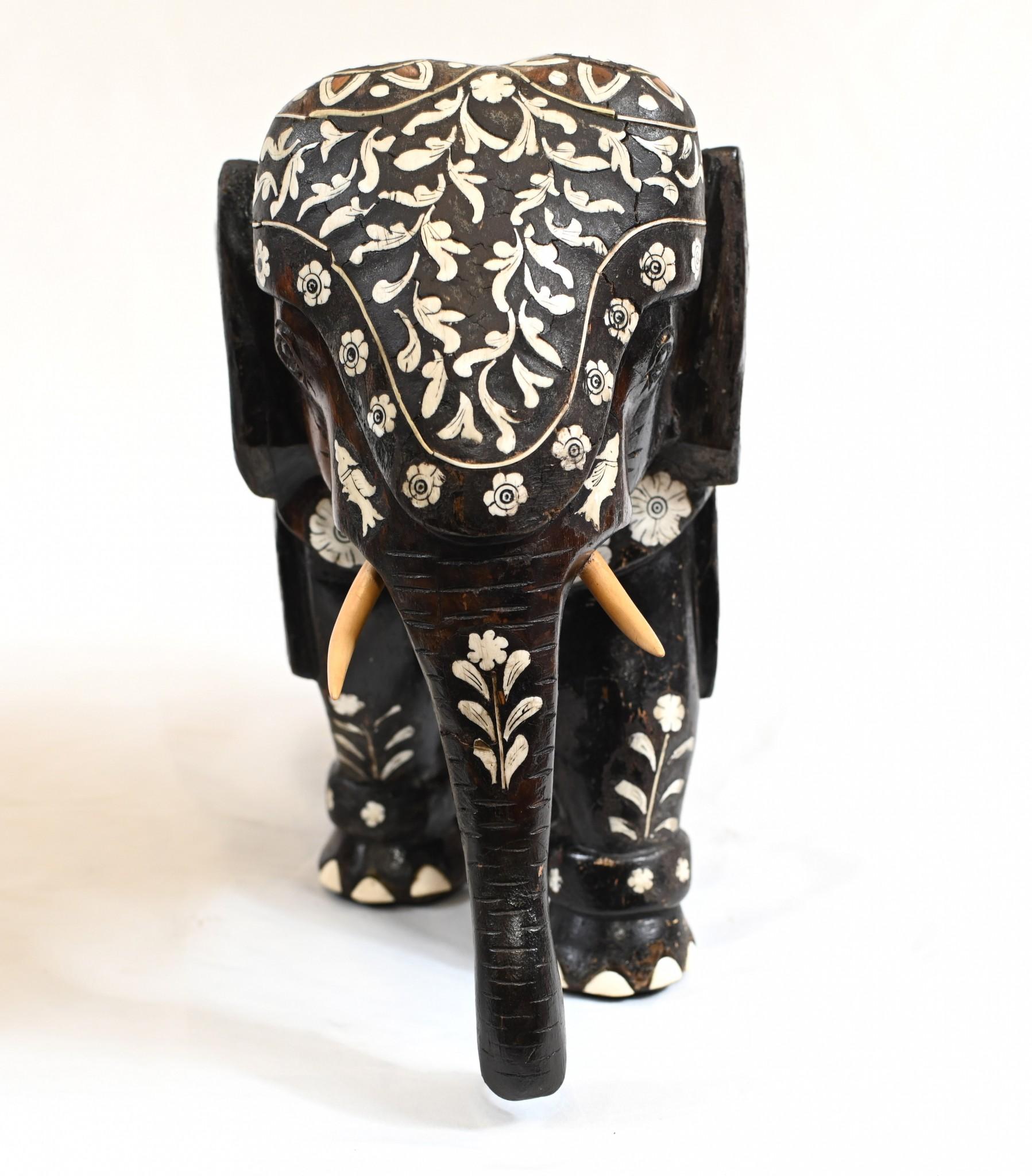 Pair Goan Indian Elephants Carved Hardwood Inlay, 1890 In Good Condition In Potters Bar, GB