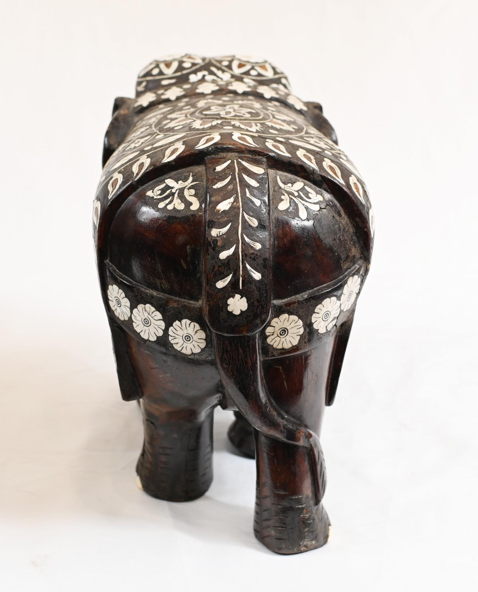 Late 19th Century Pair Goan Indian Elephants Carved Hardwood Inlay, 1890