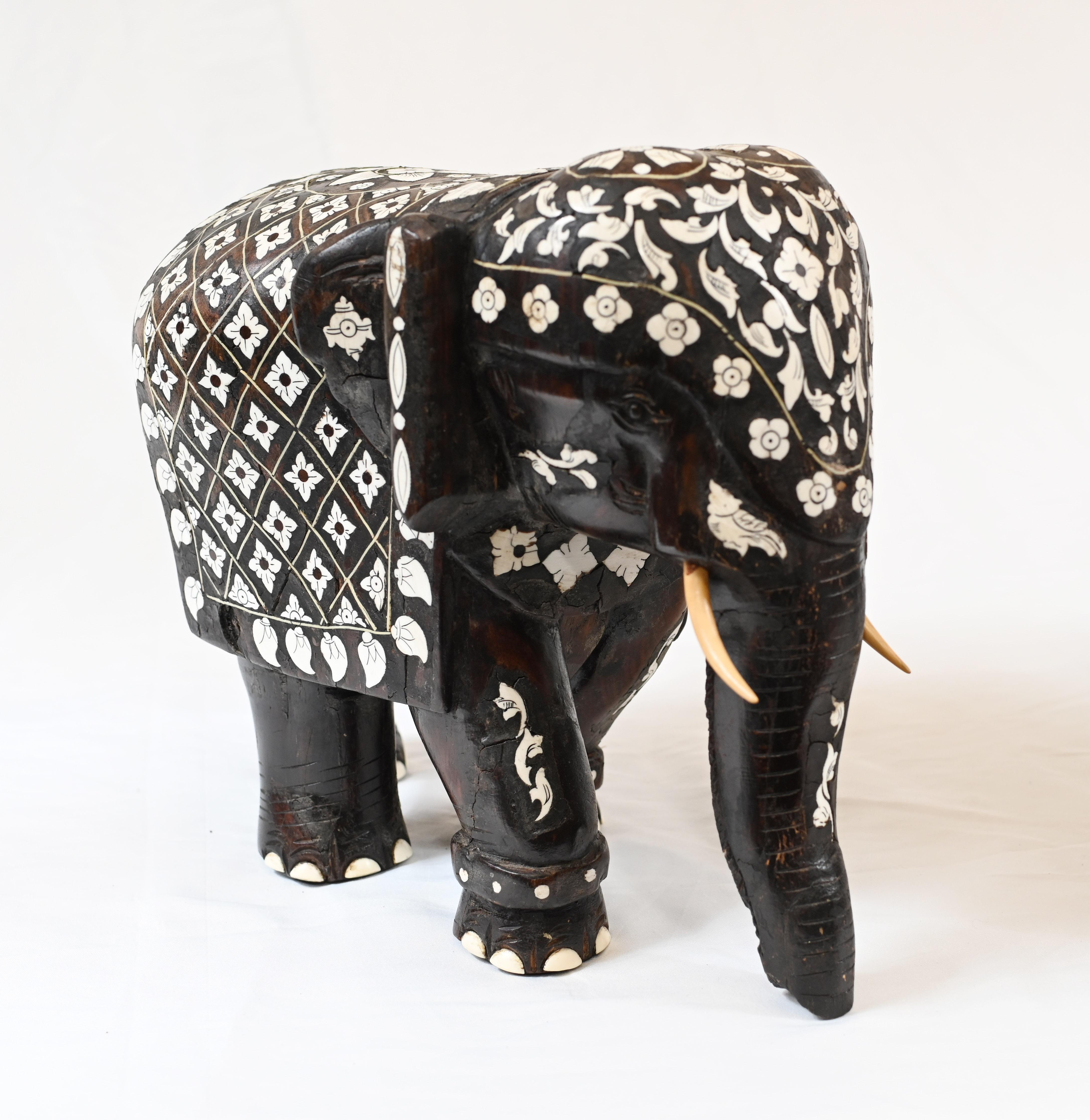 Pair Goan Indian Elephants Carved Hardwood Inlay 1890 2