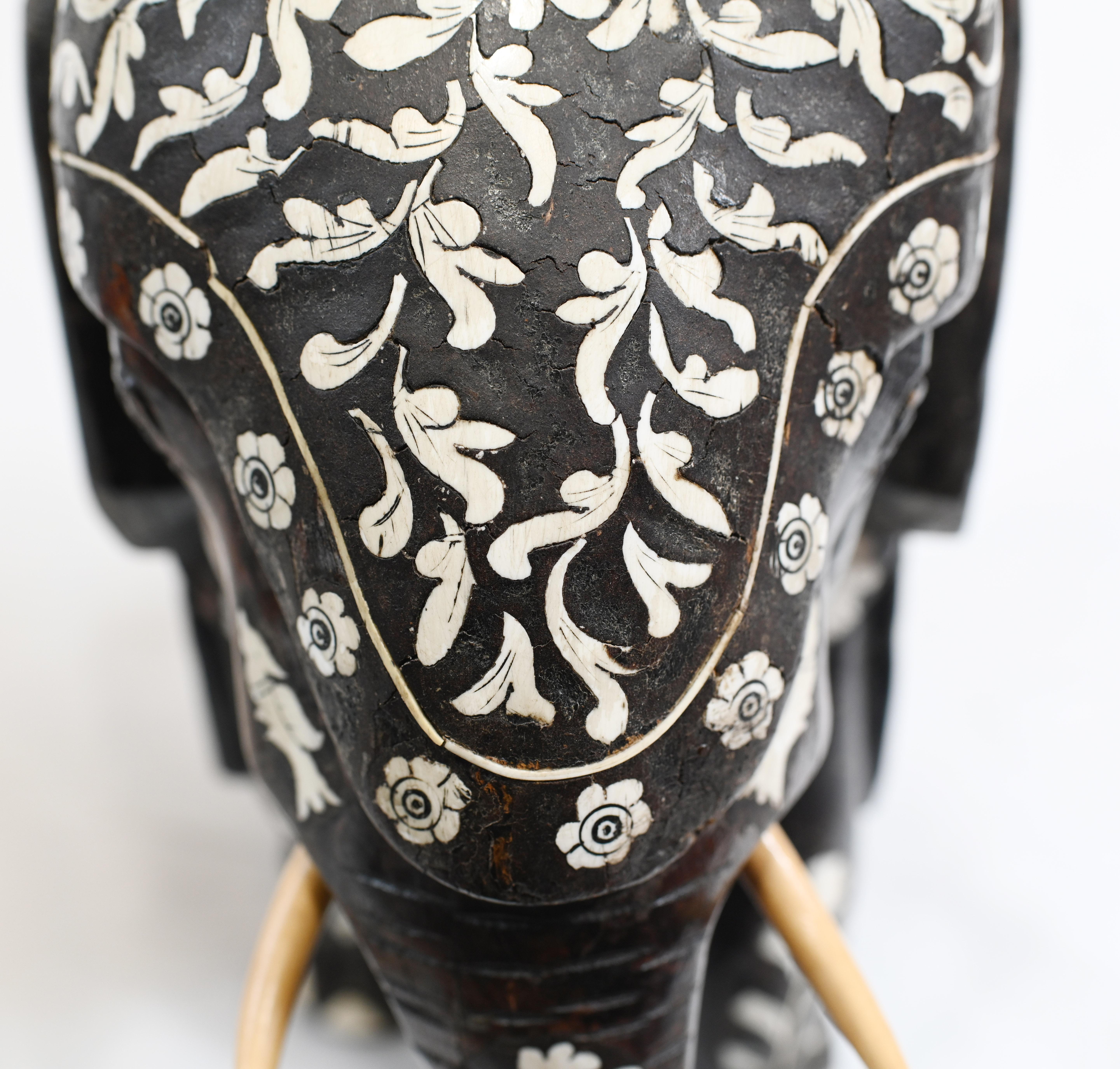 Pair Goan Indian Elephants Carved Hardwood Inlay 1890 4