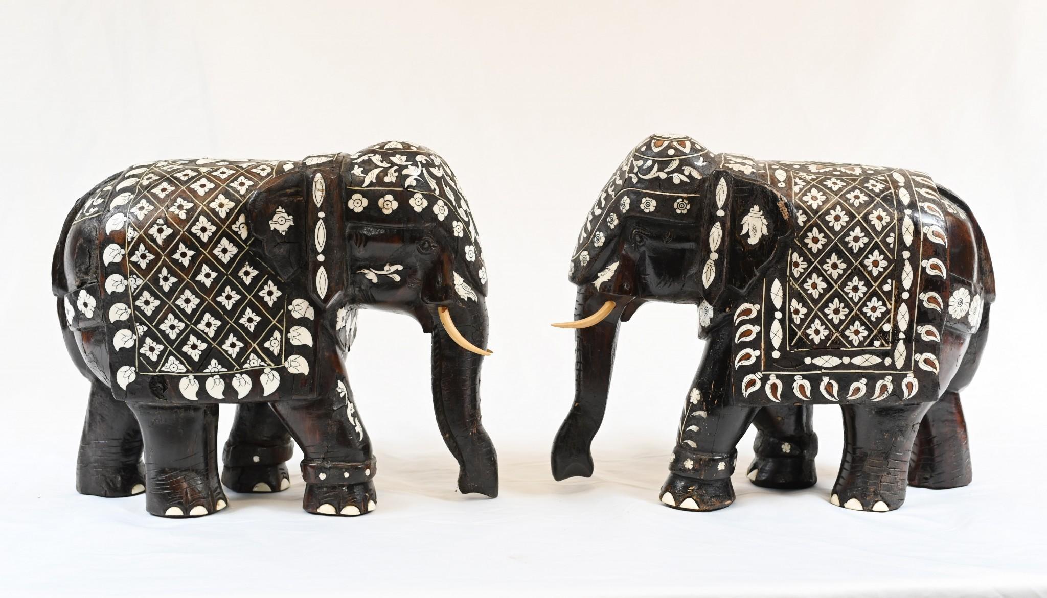 Pair Goan Indian Elephants Carved Hardwood Inlay, 1890 3