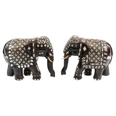 Pair Goan Indian Elephants Carved Hardwood Inlay 1890