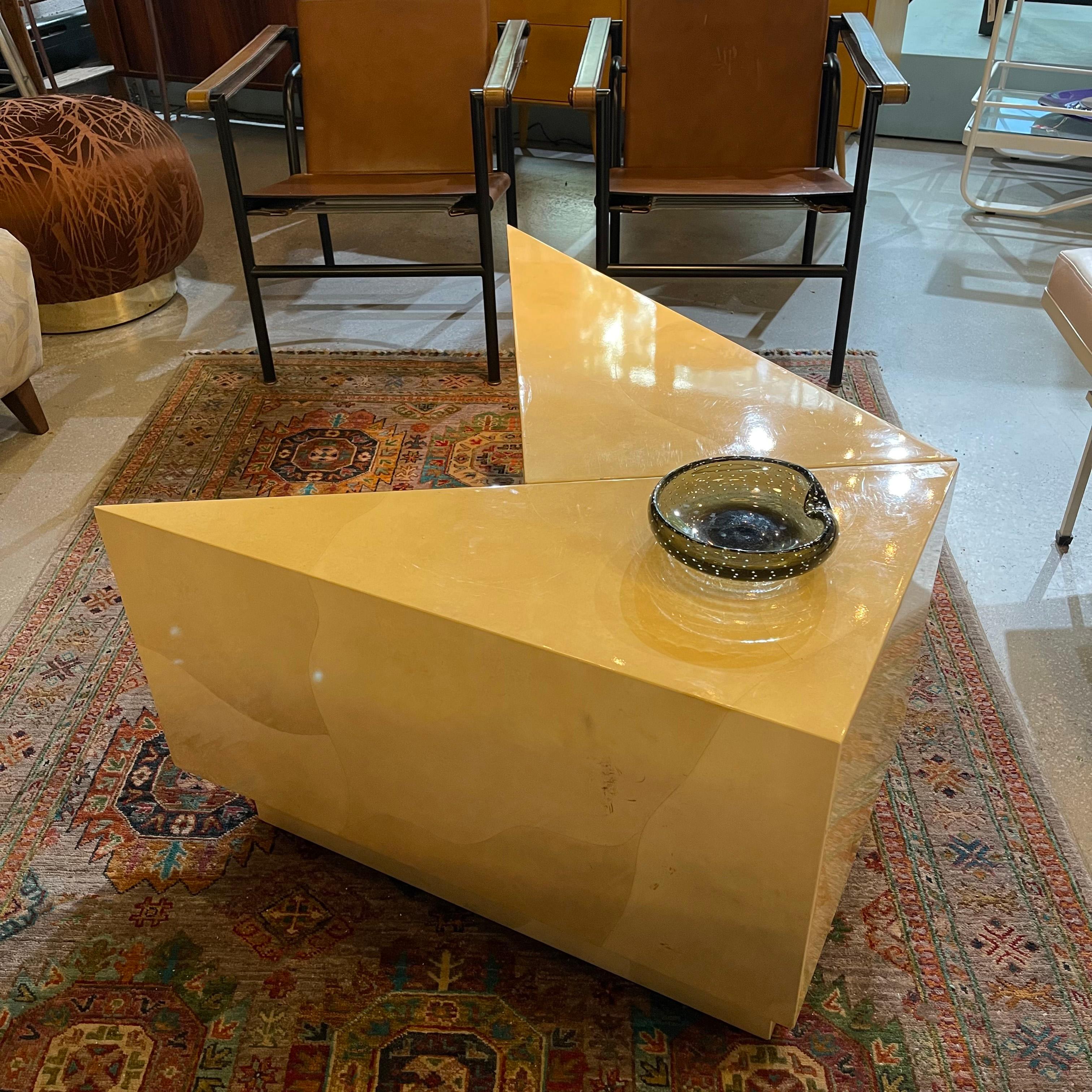 Pair Goat Skin Triangular Modular Coffee Side Tables By Aldo Tura For Sale 2