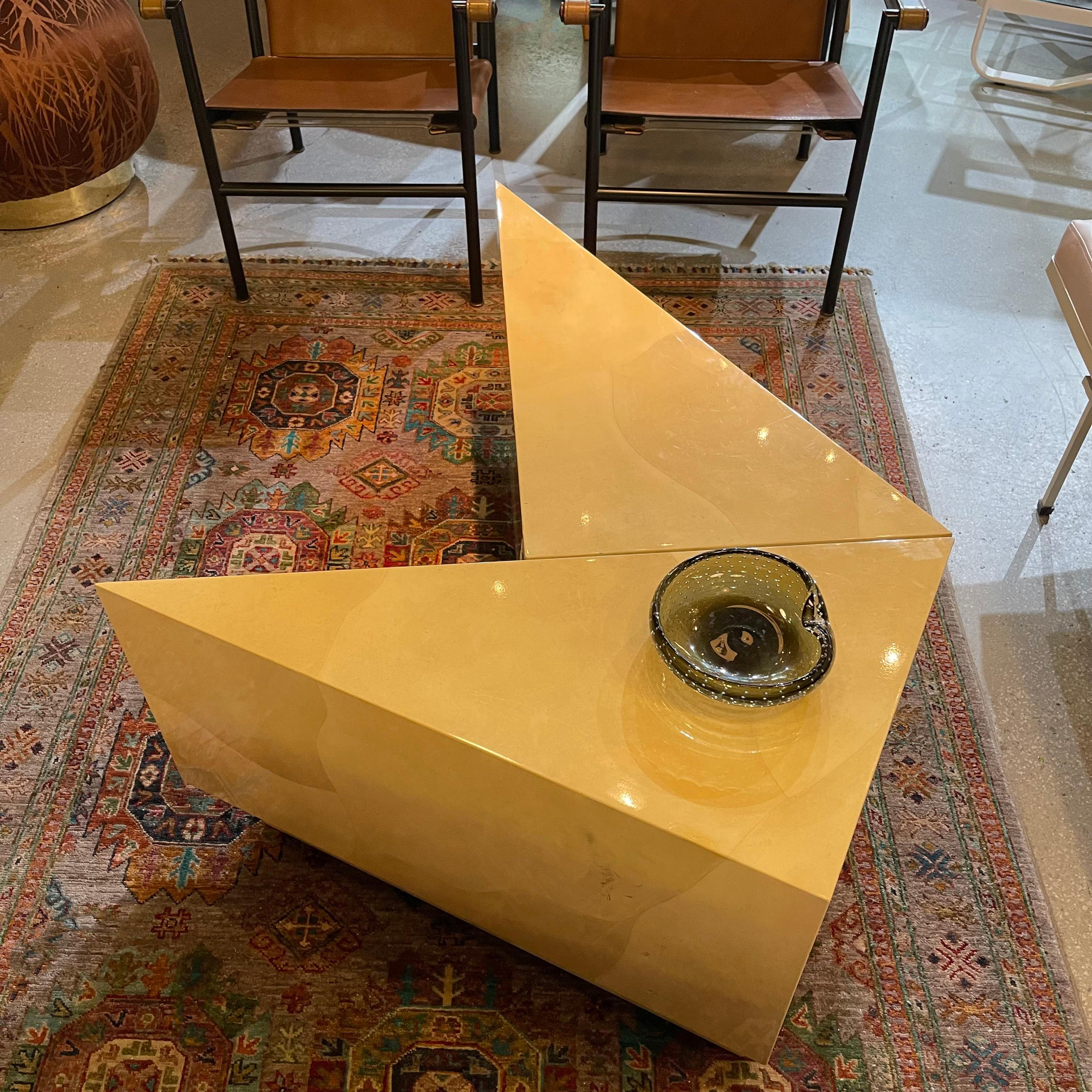 20th Century Pair Goat Skin Triangular Modular Coffee Side Tables By Aldo Tura For Sale