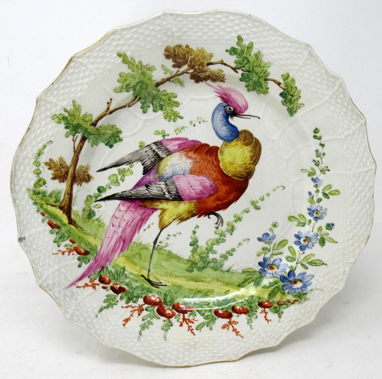 An exceptionally rare pair of 18th-century English Chelsea Gold Anchor Ornithological Themed porcelain cabinet plate of circular outline, and outstanding early Chelsea quality. Firmly attributed to artist James Giles who worked for Worcester, Derby,