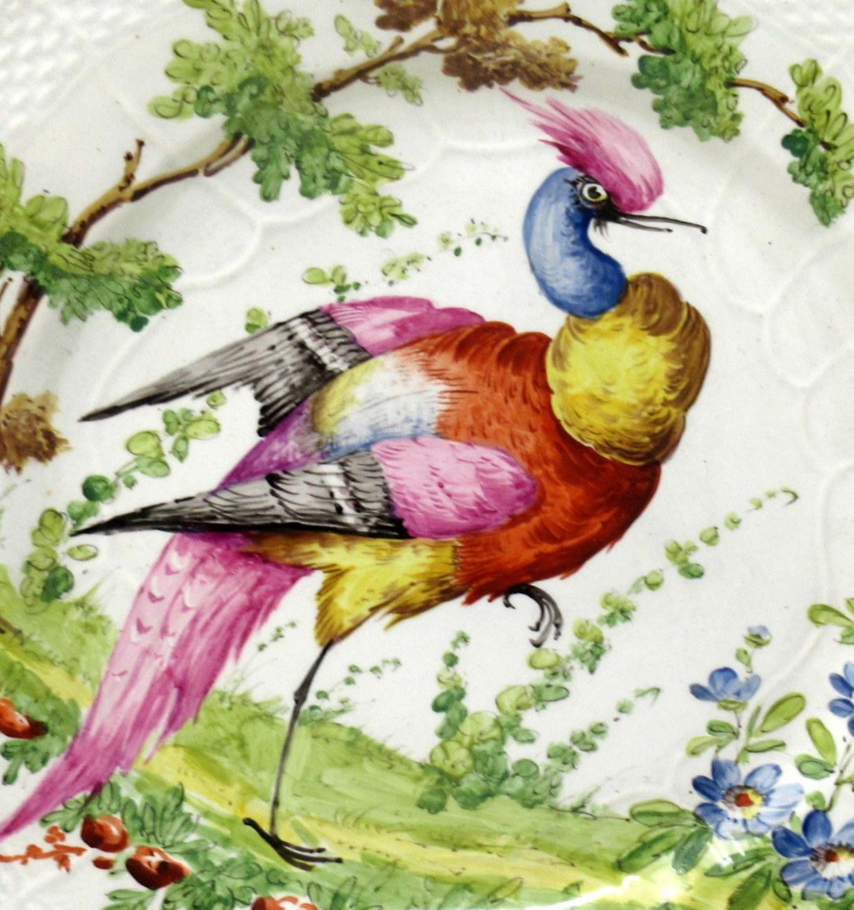 Hand-Painted Pair Gold Anchor English Chelsea Porcelain Cabinet Plates Ornithological Birds
