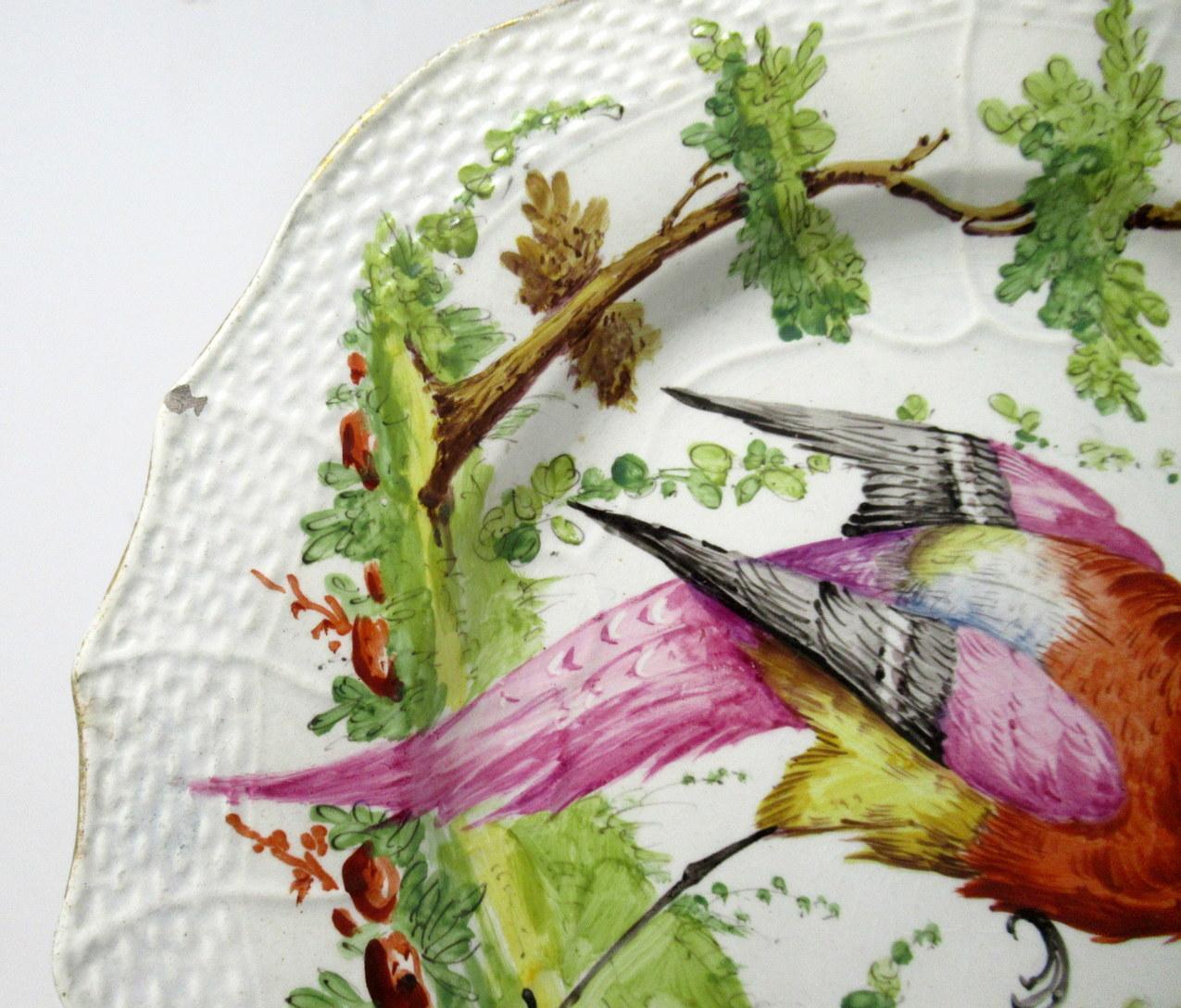 18th Century Pair Gold Anchor English Chelsea Porcelain Cabinet Plates Ornithological Birds
