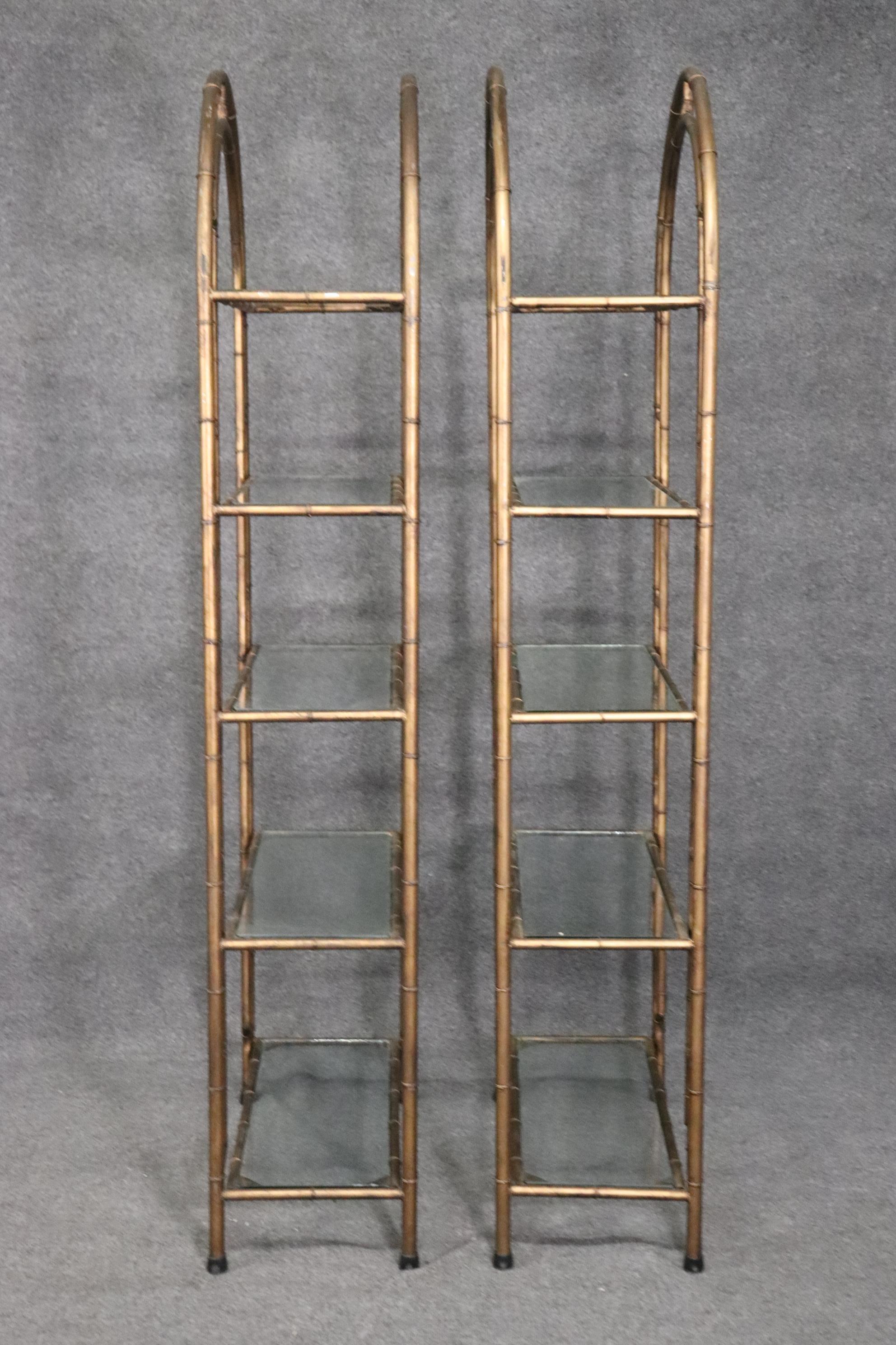 Pair Gold Gilded Arched Faux Bamboo Steel Etageres Bookshelves, Circa 1950s In Good Condition In Swedesboro, NJ