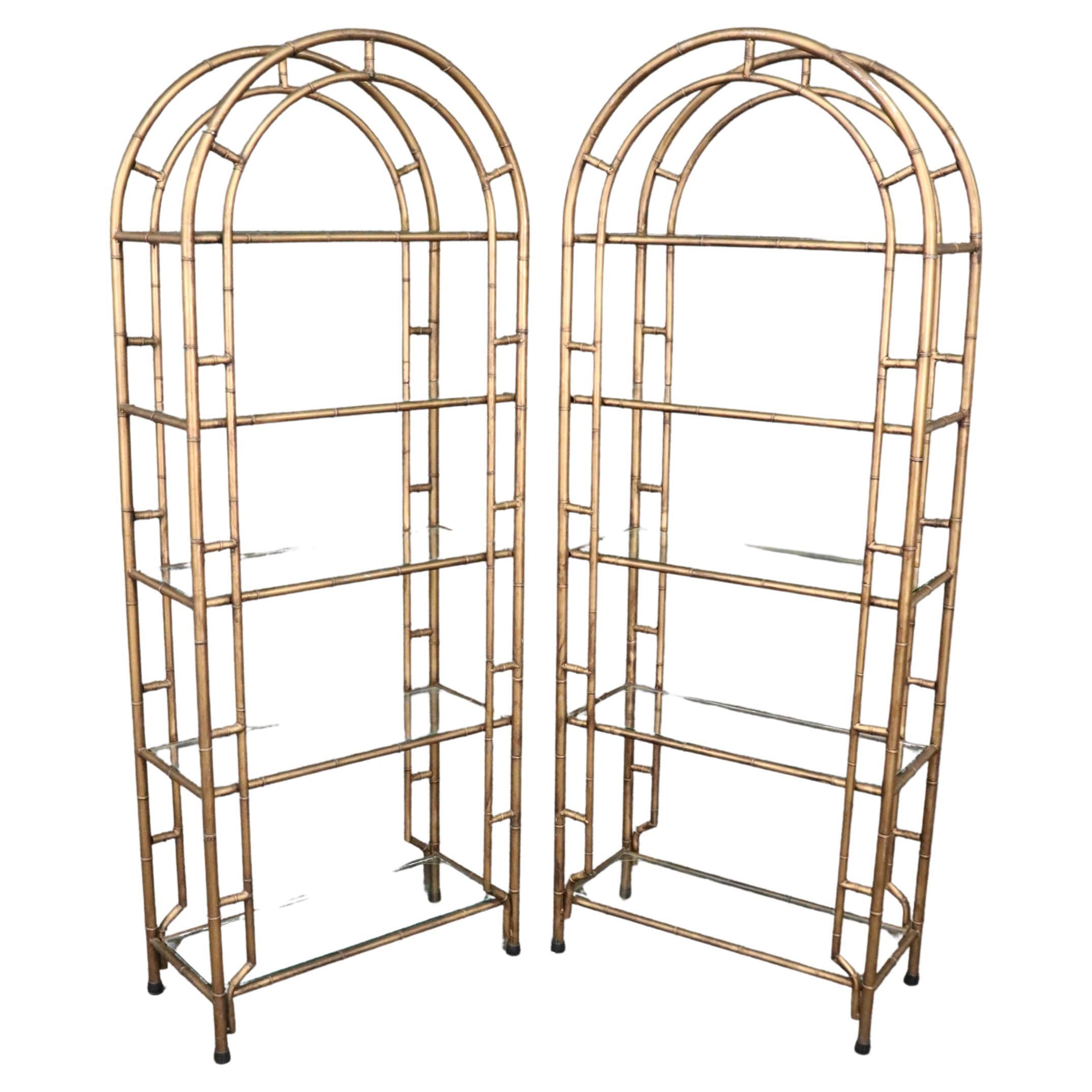Pair Gold Gilded Arched Faux Bamboo Steel Etageres Bookshelves, Circa 1950s