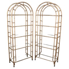 Vintage Pair Gold Gilded Arched Faux Bamboo Steel Etageres Bookshelves, Circa 1950s