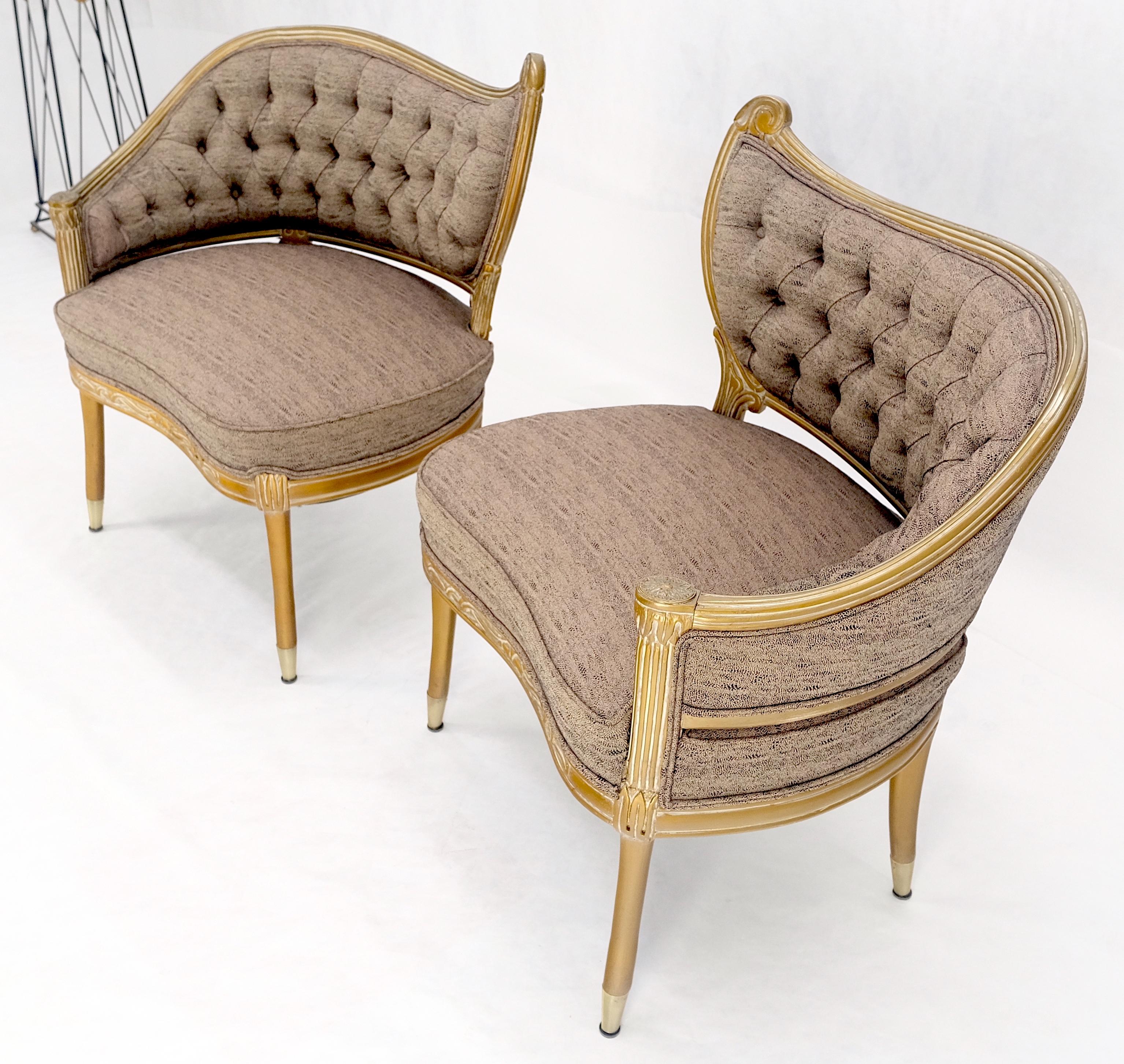 Mid-Century Modern Pair Gold Gilt Carved Frame New Upholstery Tufted Back Fire Side Lounge Chairs For Sale
