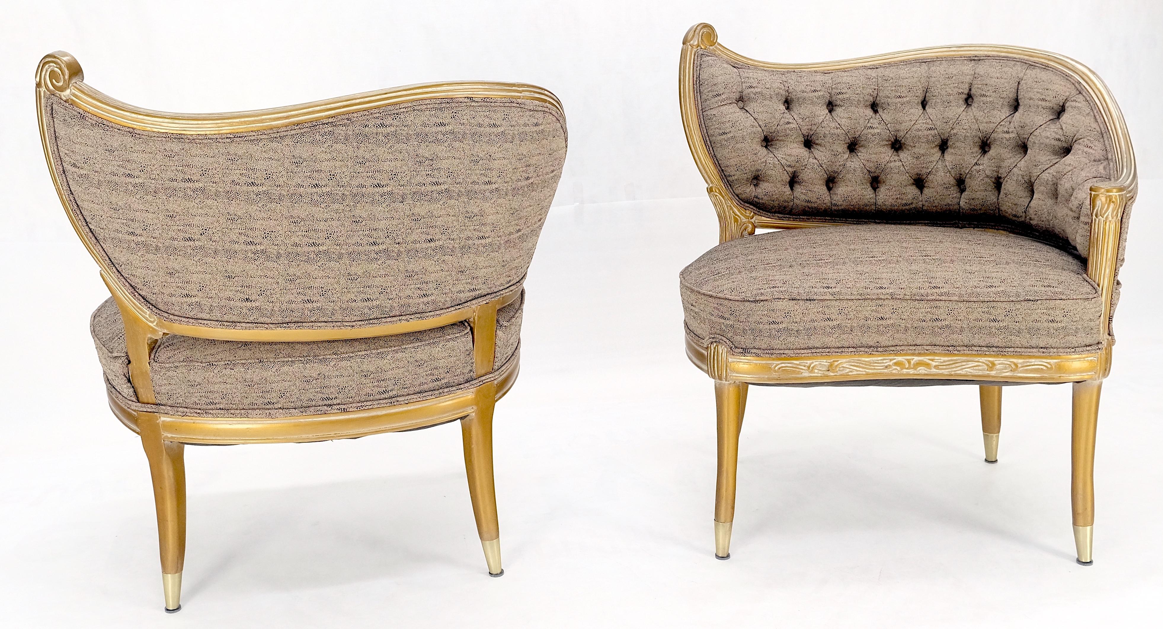 Pair Gold Gilt Carved Frame New Upholstery Tufted Back Fire Side Lounge Chairs In Good Condition For Sale In Rockaway, NJ