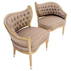 Pair Gold Gilt Carved Frame New Upholstery Tufted Back Fire Side Lounge Chairs