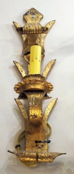 Pair Gold Gilt French Floral Leaf Wall Sconces Single Candle
