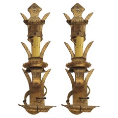 Pair Gold Gilt French Floral Leaf Wall Sconces Single Candle