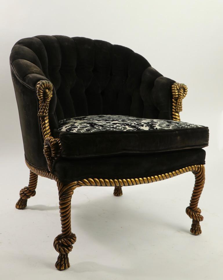 Hollywood Regency Pair of Gold Gilt Rope Twist Tassel Chairs Louis III Style